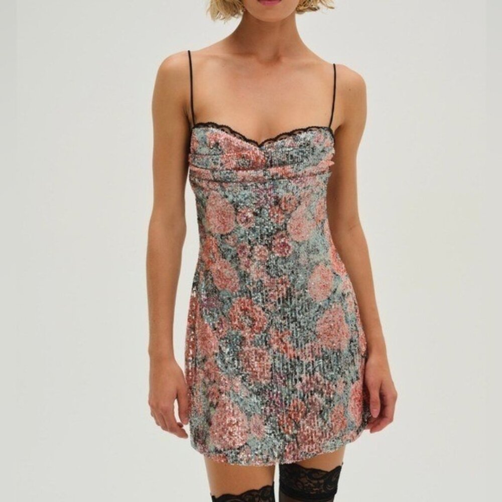 Sequin Floral Slip Dress in Pink and Green